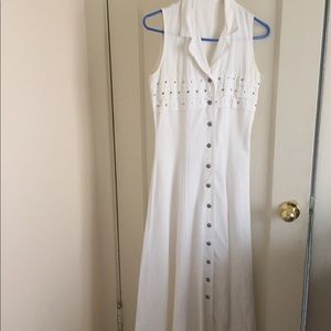 White denim studded fit & flare sleeveless dress
